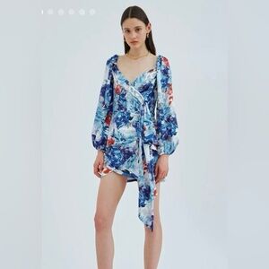 NEW C/MEO Collective Orbital Small Long Sleeve Wrap Dress Tropical Blue White